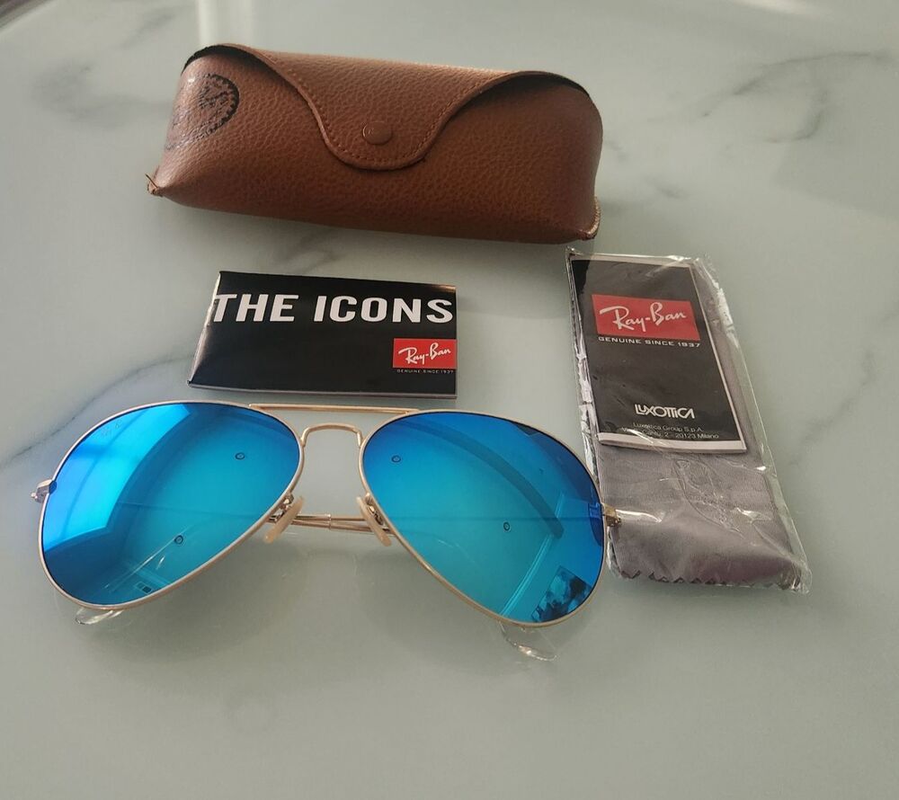 RAY-BAN RB3025 Aviator Gold Metal Frame Blue Mirror Lenses 58mm size - Picture 9 of 9